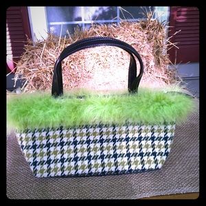 Houndstooth Purse with Lime Boa Trim FREE SHIP